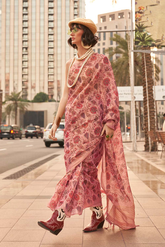 Ayesha Pink Printed Zari Tissue One Minute Saree