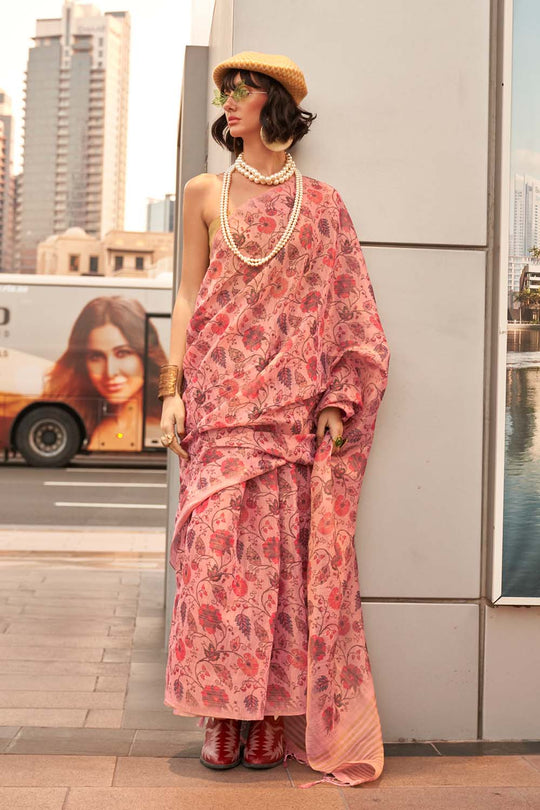 Ayesha Pink Printed Zari Tissue One Minute Saree