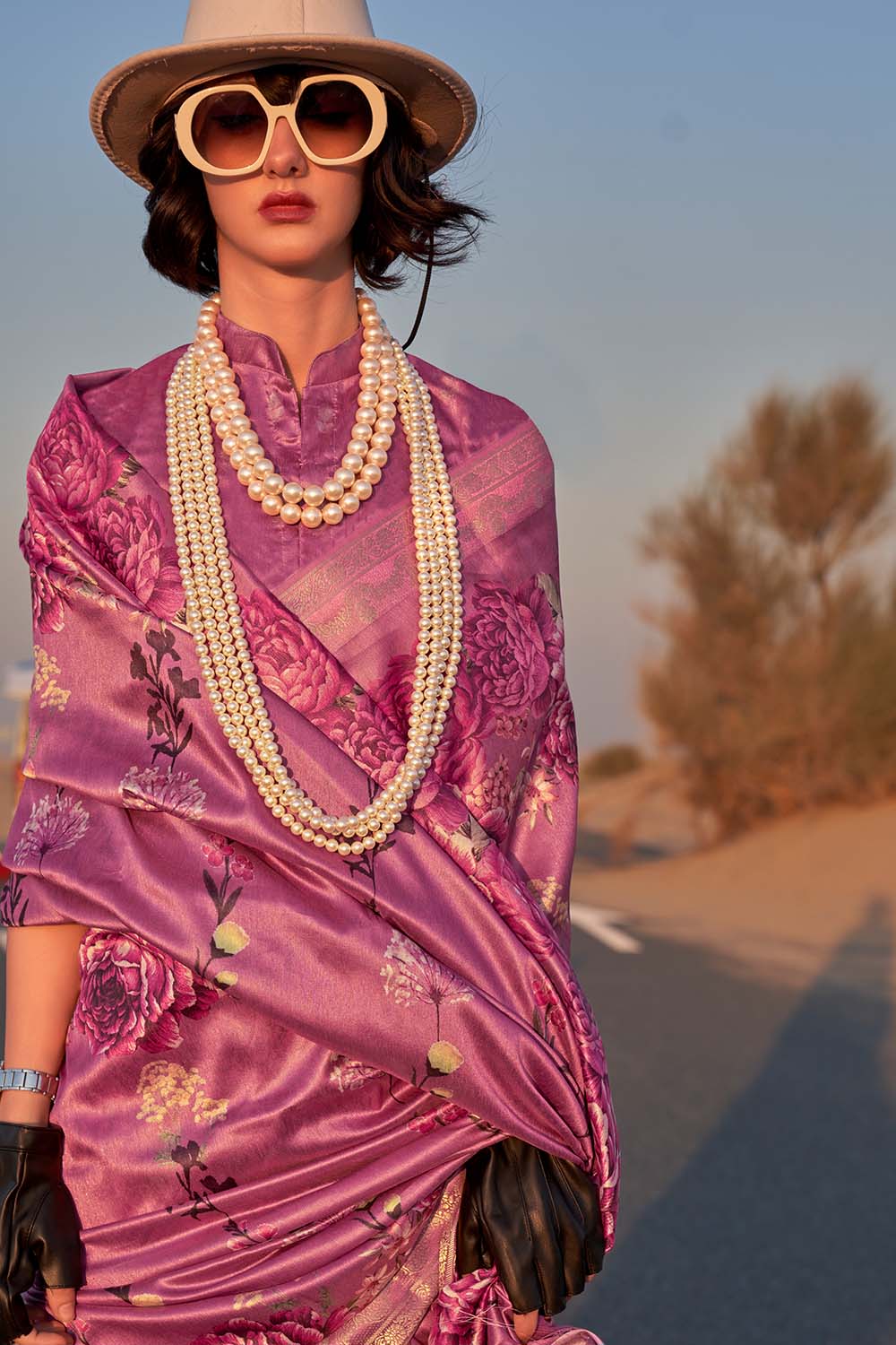 Keisha Lavender Printed Tissue Silk One Minute Saree