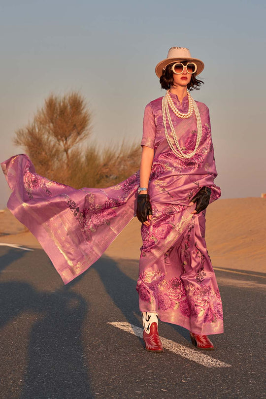 Keisha Lavender Printed Tissue Silk One Minute Saree