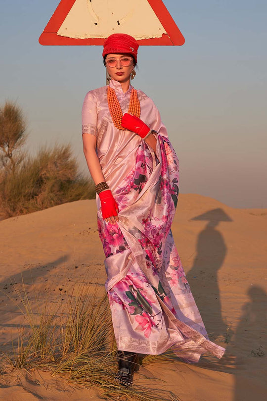 Keisha Light Pink Printed Tissue Silk One Minute Saree