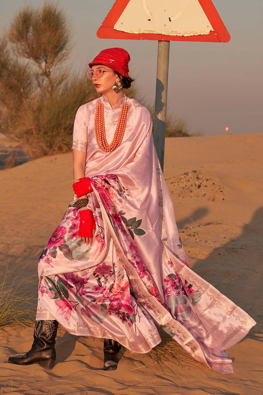 Keisha Light Pink Printed Tissue Silk One Minute Saree