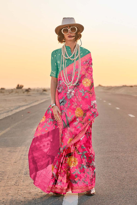 Keisha Dark Pink Printed Tissue Silk One Minute Saree