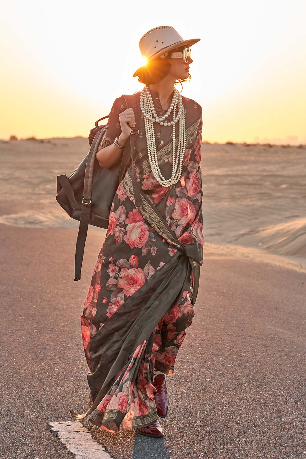 Keisha Brown Printed Tissue Silk One Minute Saree