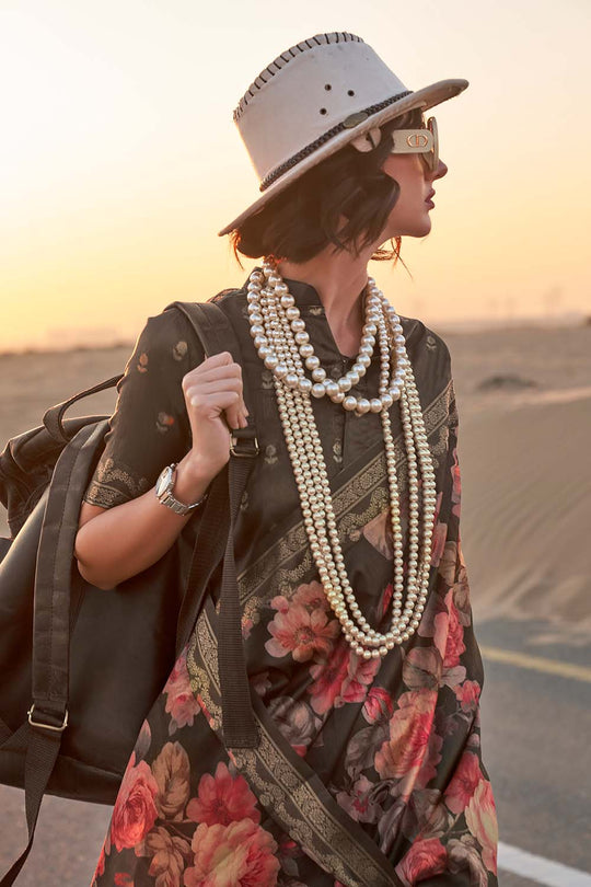 Keisha Brown Printed Tissue Silk One Minute Saree