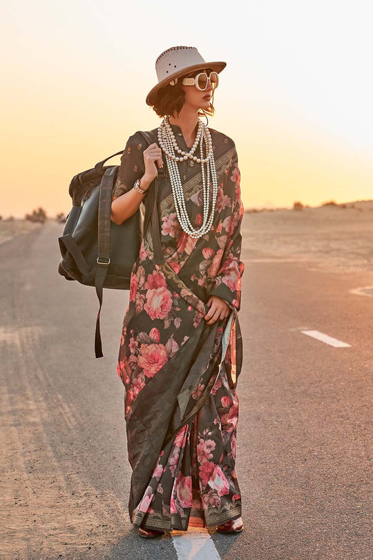 Keisha Brown Printed Tissue Silk One Minute Saree