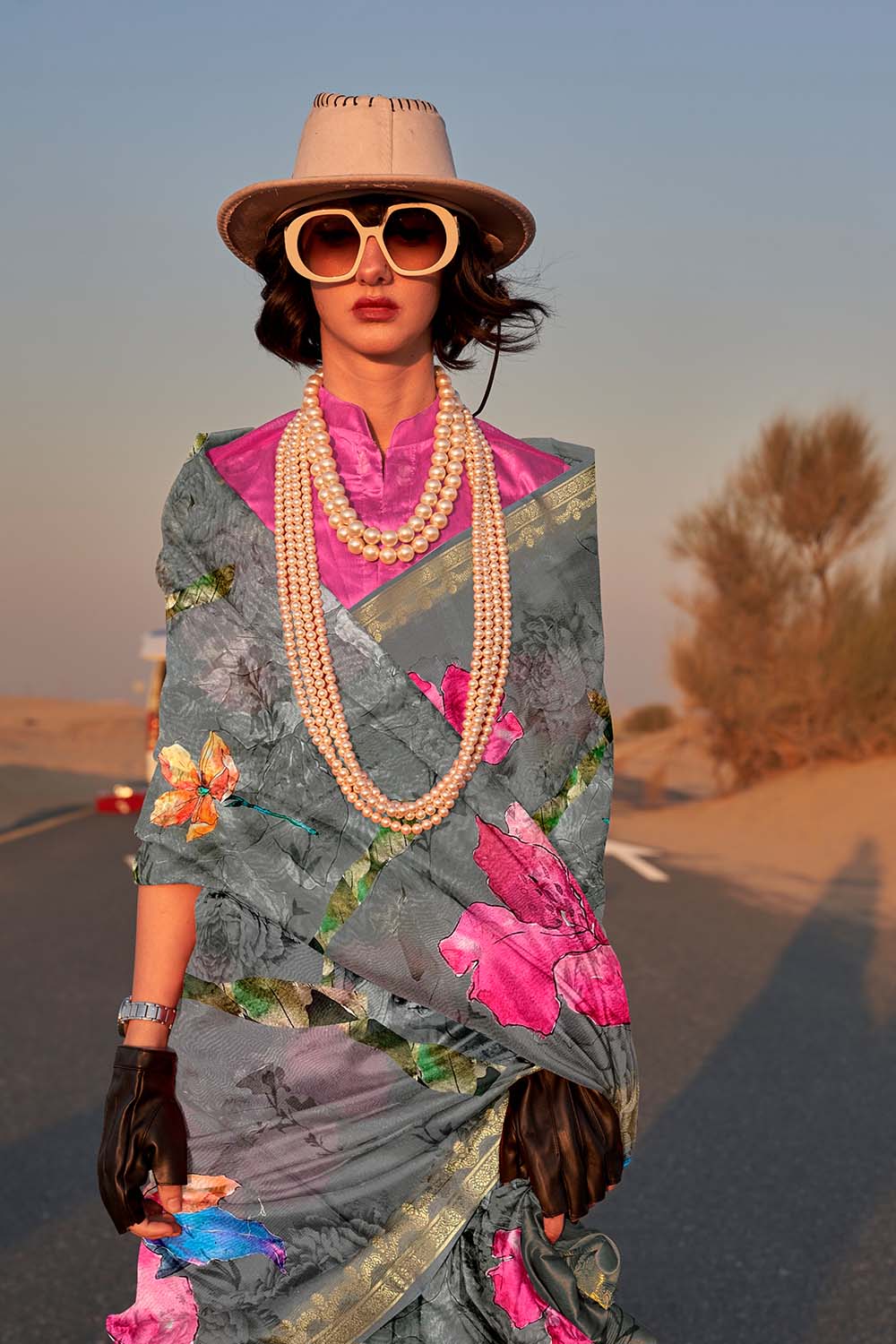 Keisha Green Printed Tissue Silk One Minute Saree