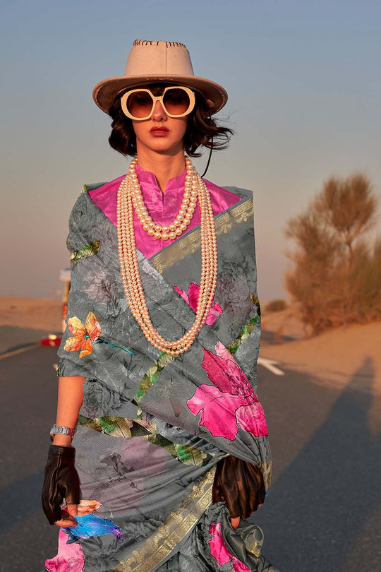 Keisha Green Printed Tissue Silk One Minute Saree