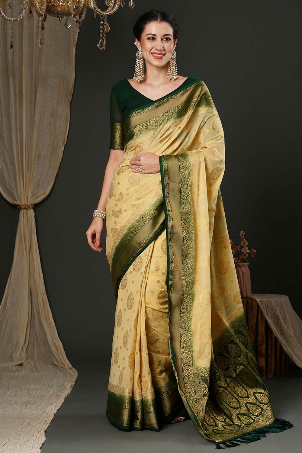 Alekha Beige & Dark Green Georgette Printed One Minute Saree