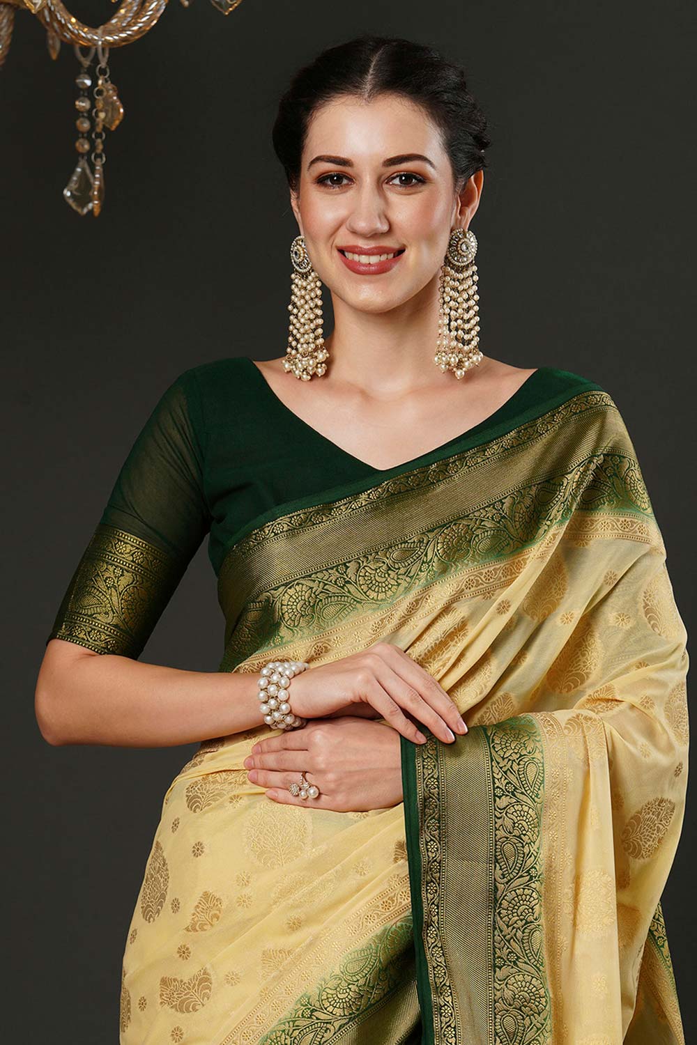 Alekha Beige & Dark Green Georgette Printed One Minute Saree