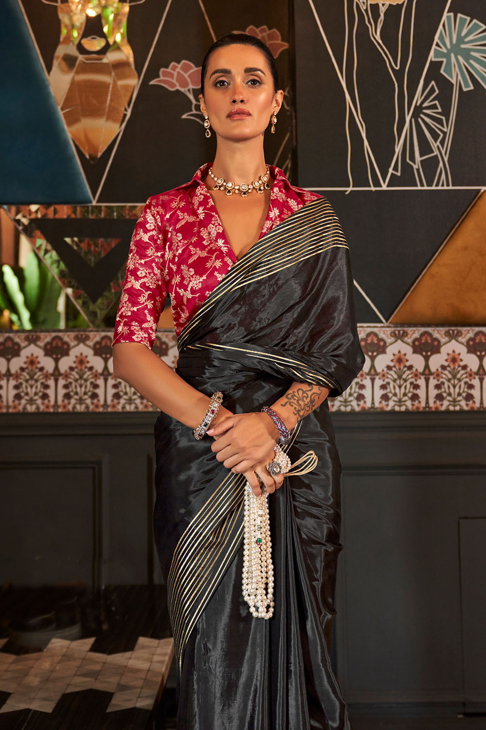 Romy Black Viscose Handloom Weaving Ready to Wear One Minute Saree