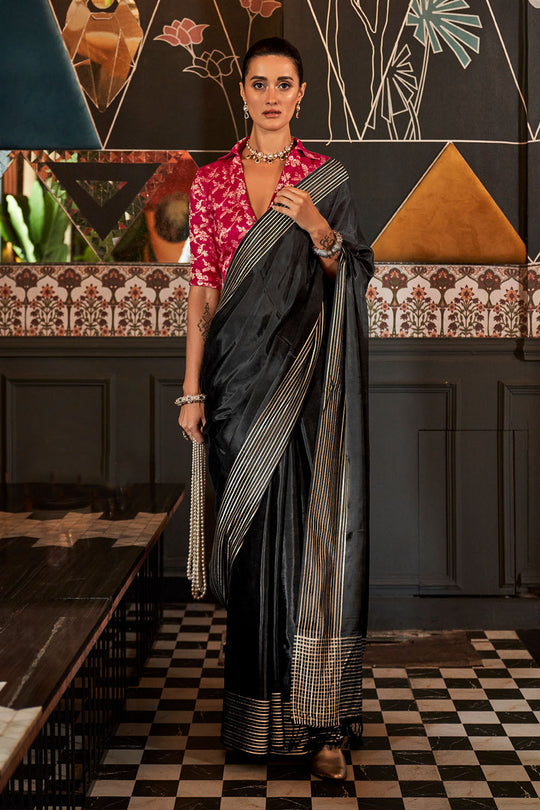 Romy Black Viscose Handloom Weaving Ready to Wear One Minute Saree