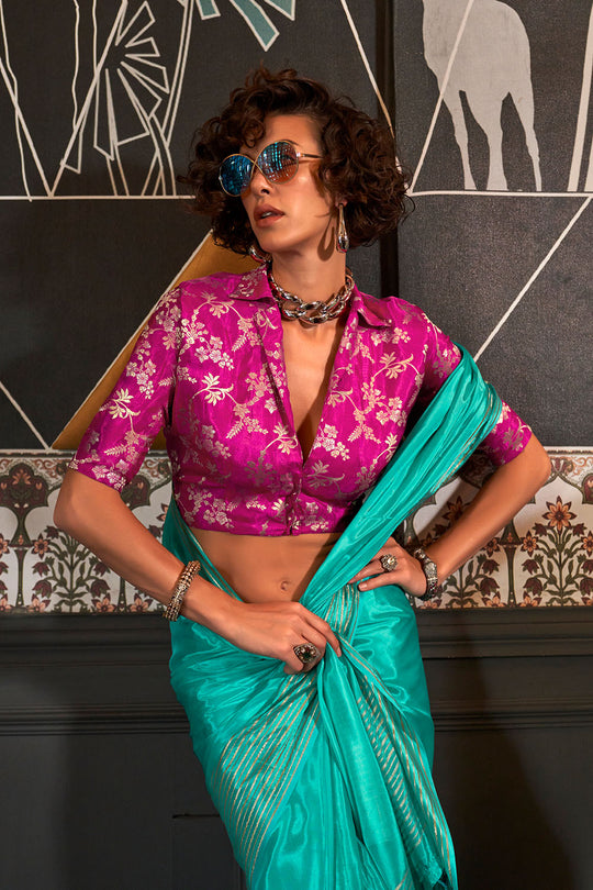 Romy Teal Viscose Handloom Weaving Ready to Wear One Minute Saree