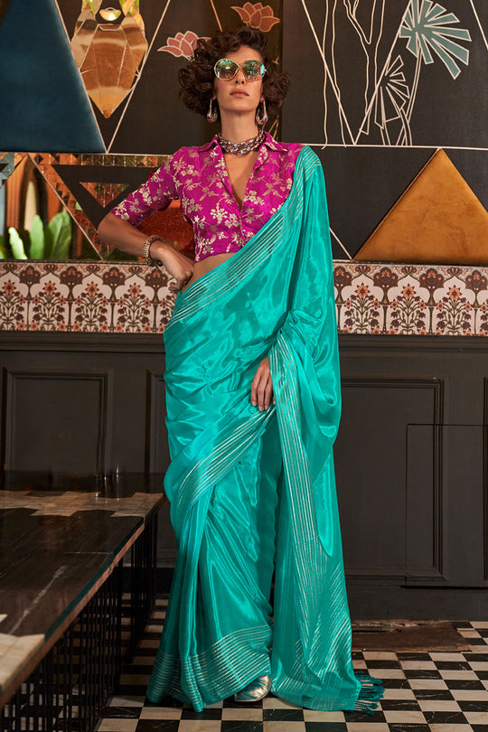 Romy Teal Viscose Handloom Weaving Ready to Wear One Minute Saree