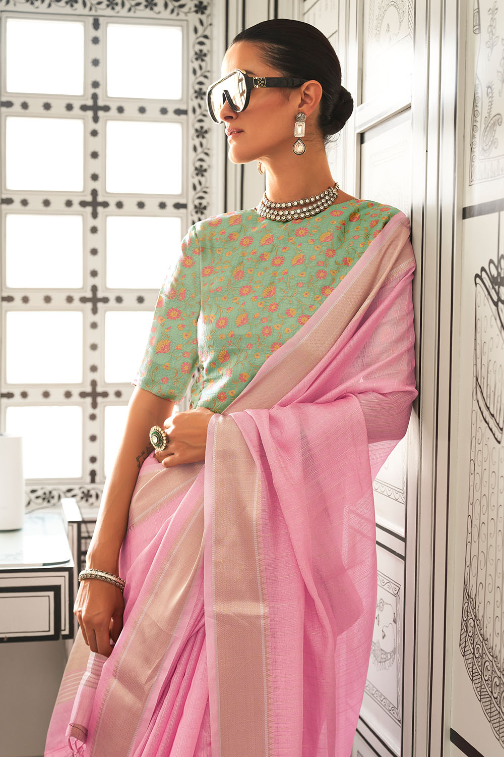 Taryn Pink Moss Chiffon Handloom Weaving Ready to Wear Saree