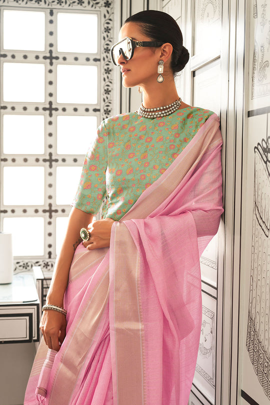 Taryn Pink Moss Chiffon Handloom Weaving Ready to Wear Saree