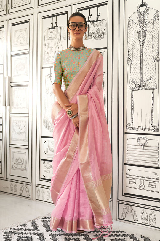Taryn Pink Moss Chiffon Handloom Weaving Ready to Wear Saree