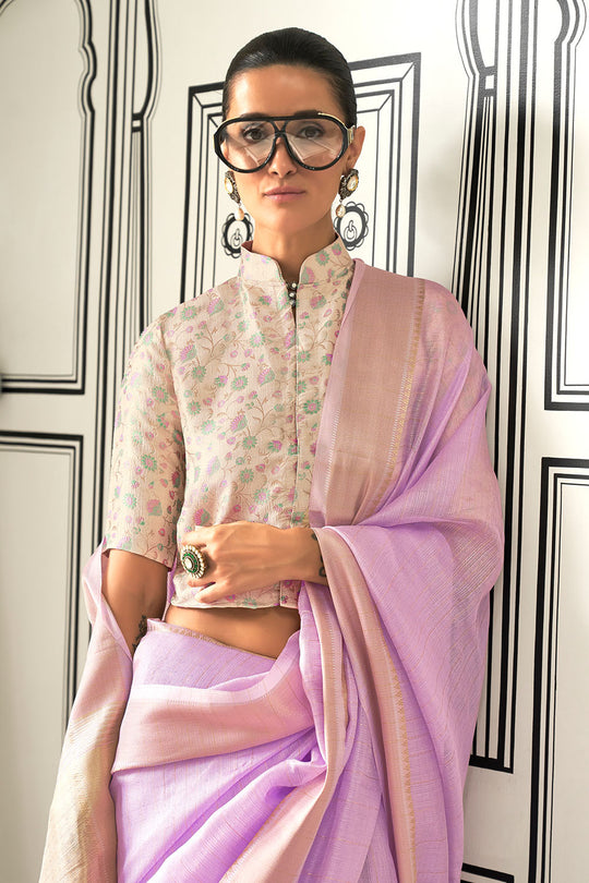 Taryn Lavender Moss Chiffon Handloom Weaving Ready to Wear Saree