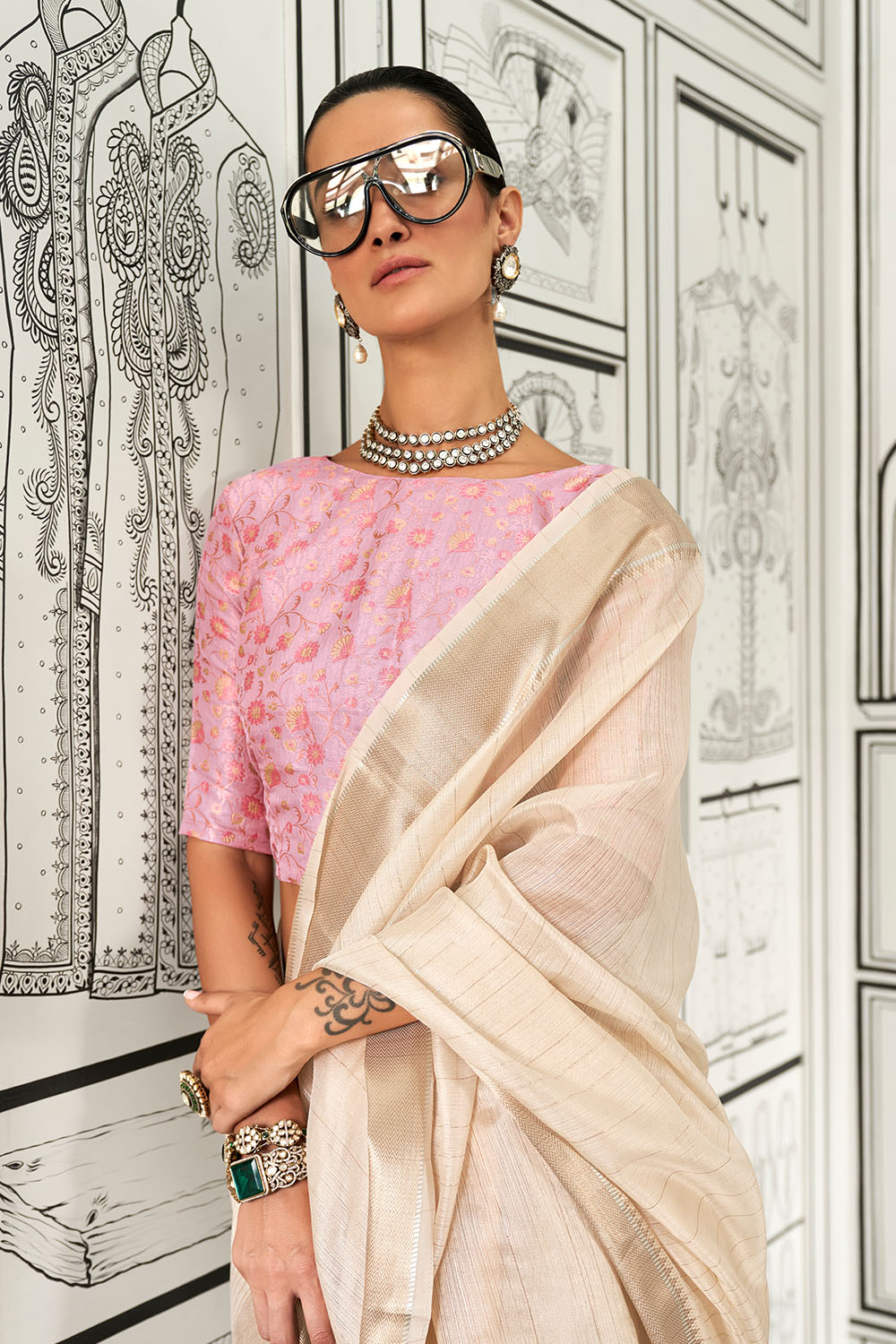 Taryn Cream Moss Chiffon Handloom Weaving Ready to Wear Saree