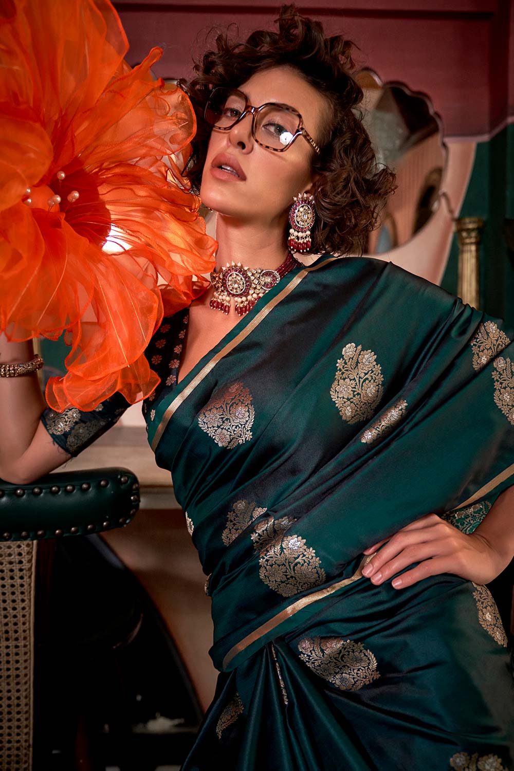 Buy Kanthkala Dark Green Designer One Minute Saree Online - Back