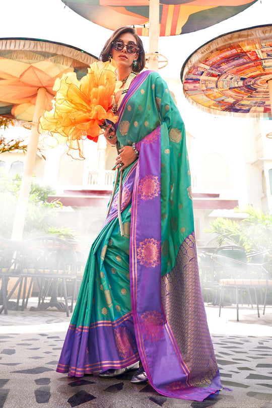 Uppal Green Two Tone Contrast Handloom Weaving Silk One Minute Saree