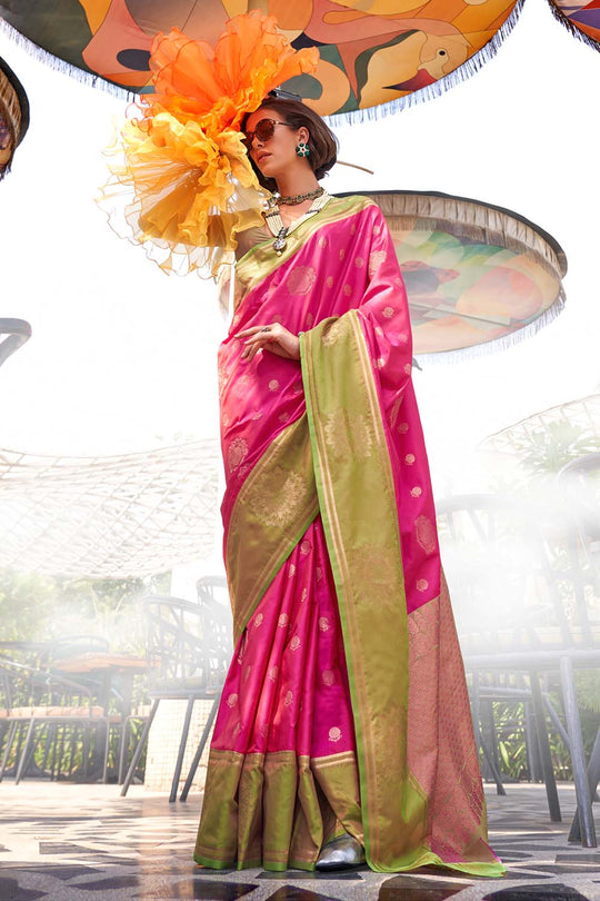 Uppal Pink Two Tone Contrast Handloom Weaving Silk One Minute Saree