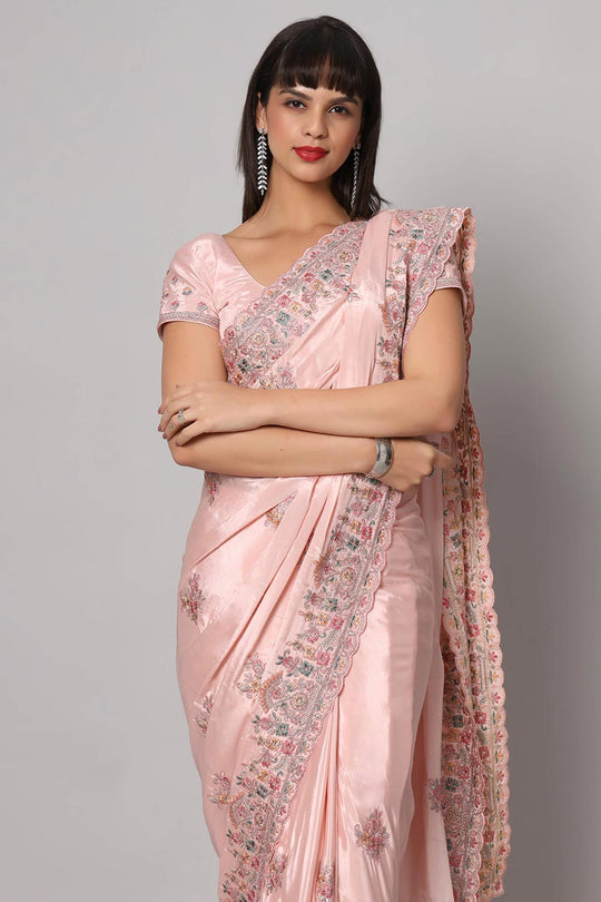 Noor Pink Crepe Embroidered Ready to Wear One Minute Saree