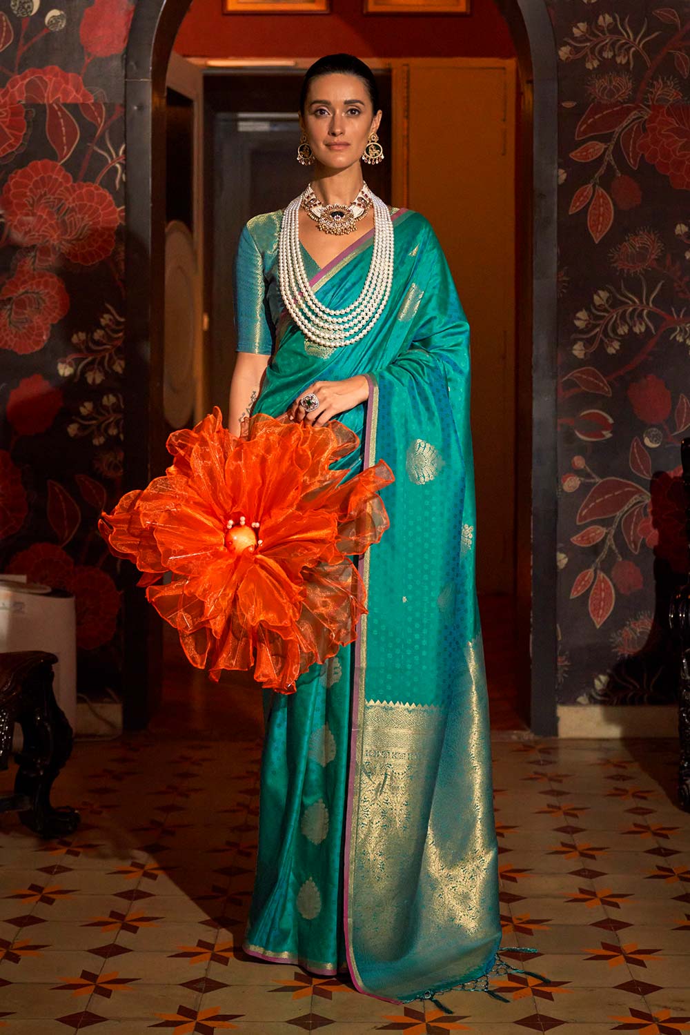 Nyla Turquoise Traditional Silk Foil Print One Minute Saree