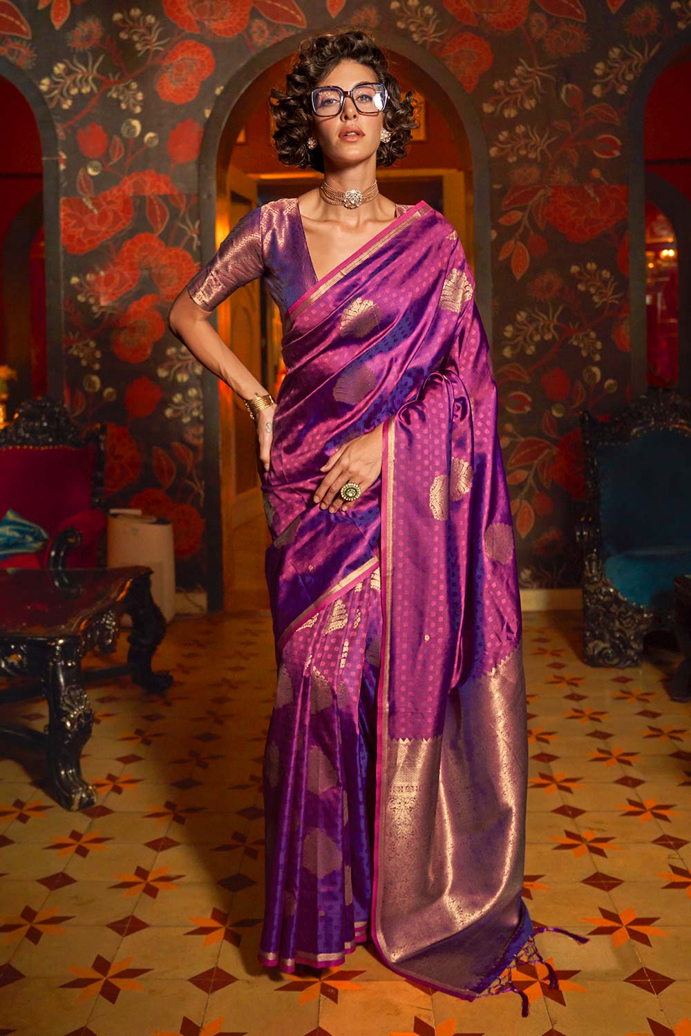 Nyla Purple Traditional Silk Foil Print One Minute Saree