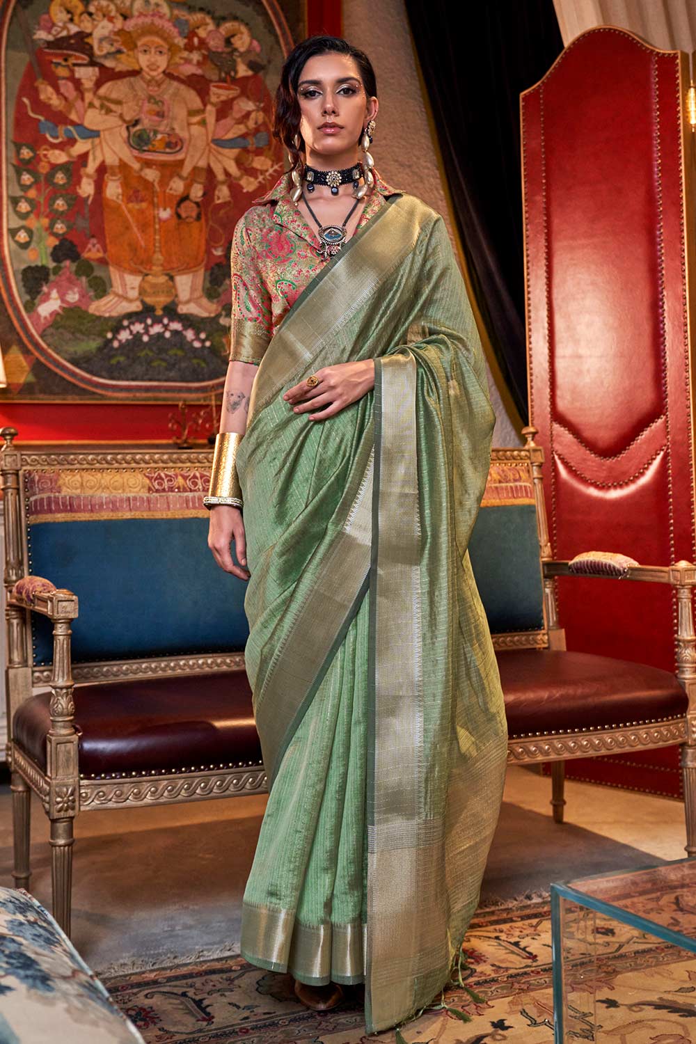 Willow Olive Chiffon Designer One Minute Saree