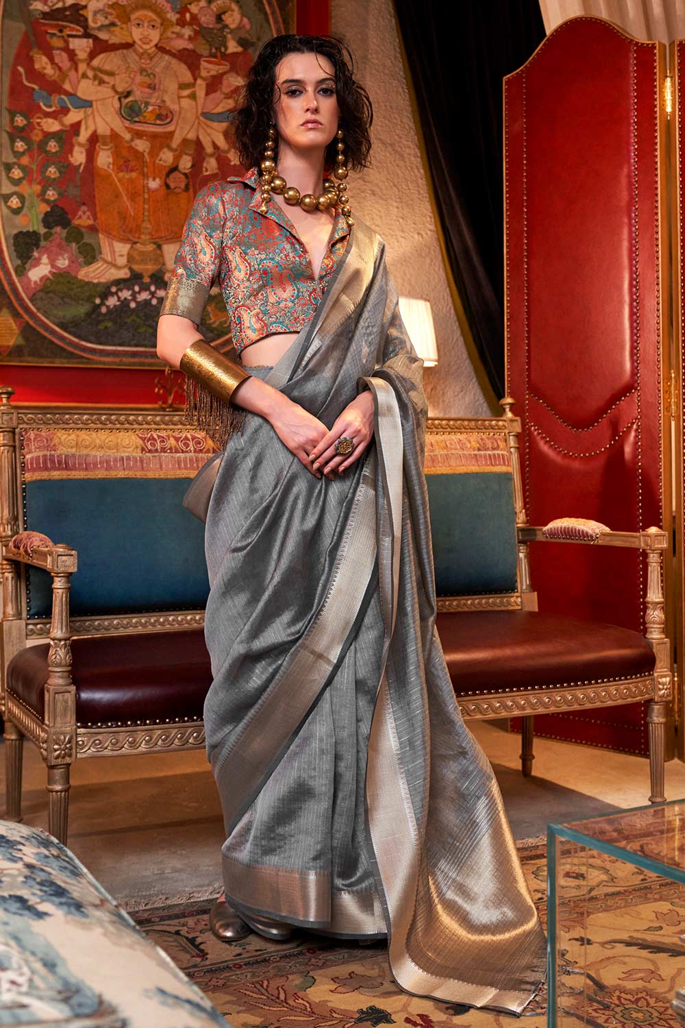 Willow Grey Chiffon Designer One Minute Saree