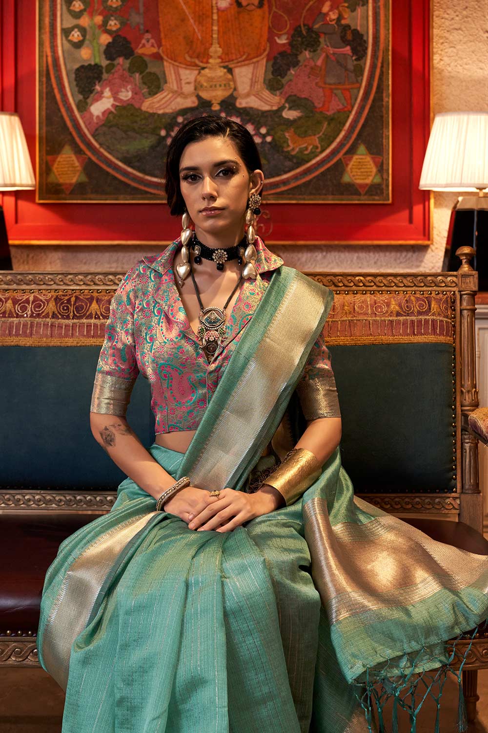 Willow Teal Chiffon Designer One Minute Saree