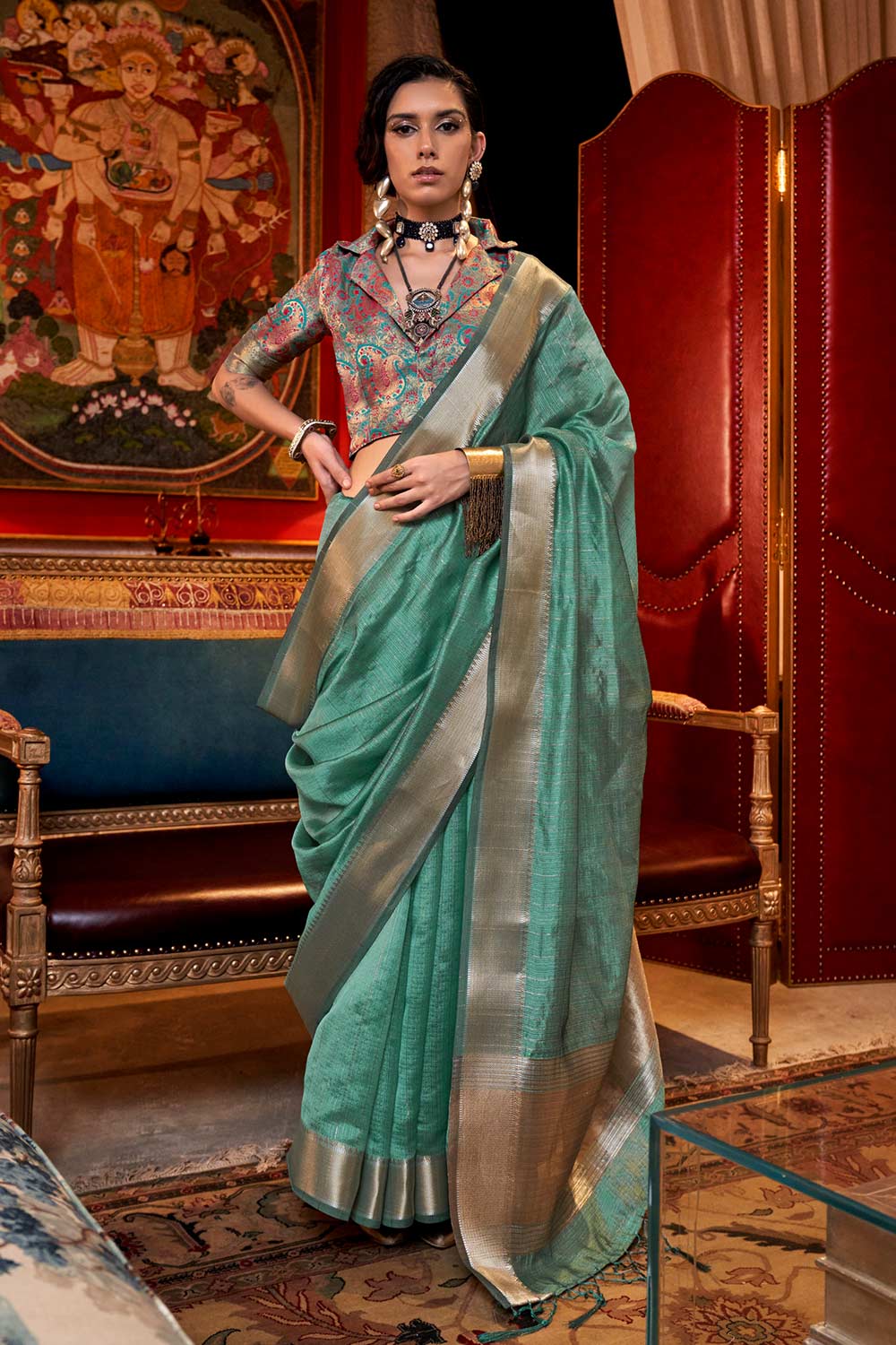 Willow Teal Chiffon Designer One Minute Saree