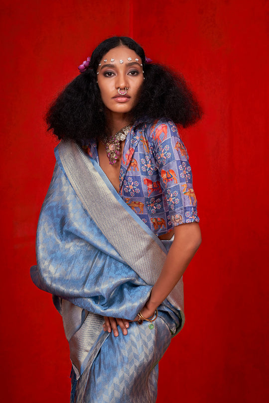 Noemie Light Blue Silk Woven Ready to Wear One Minute Saree