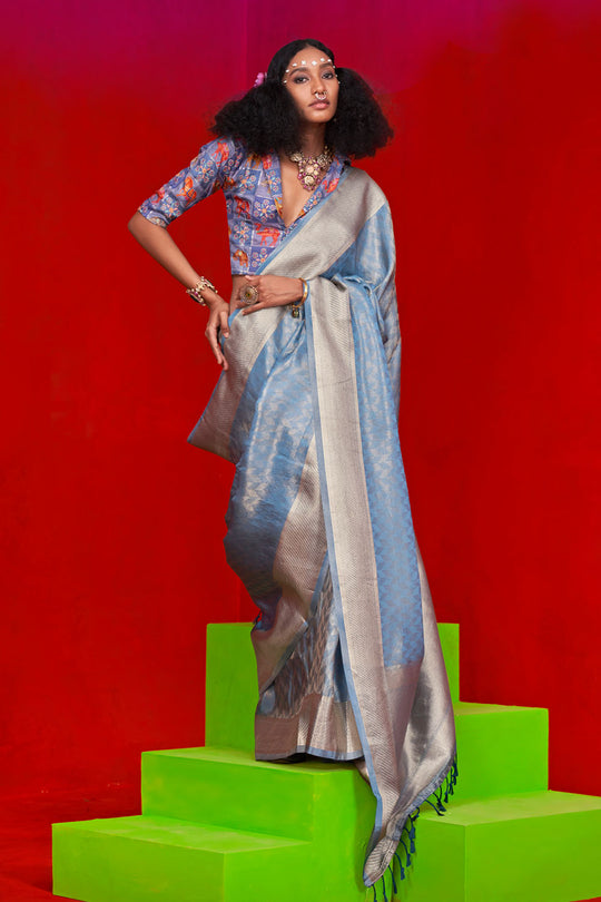 Noemie Light Blue Silk Woven Ready to Wear One Minute Saree