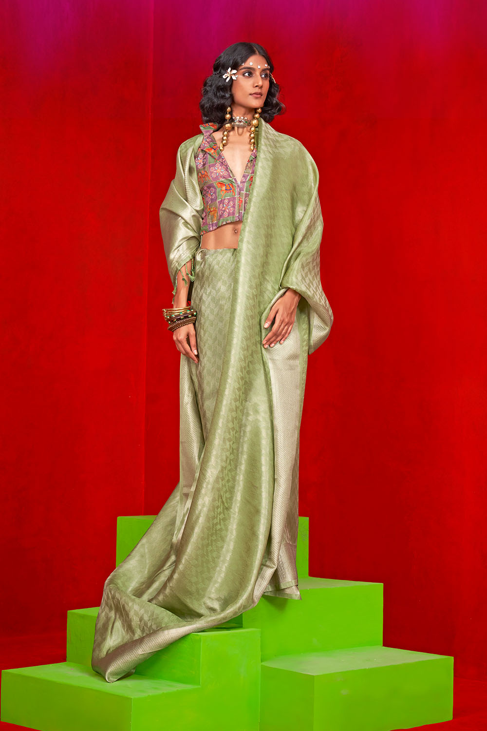 Noemie Olive Green Silk Woven Ready to Wear One Minute Saree