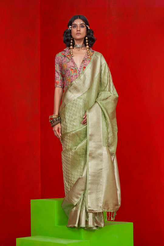 Noemie Olive Green Silk Woven Ready to Wear One Minute Saree