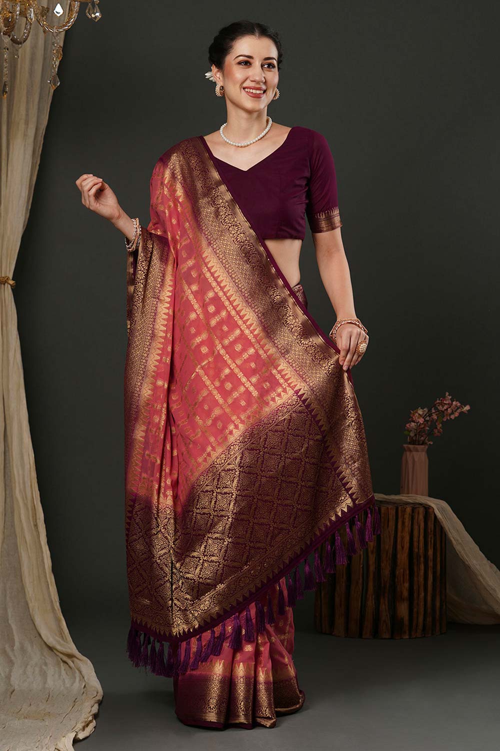 Alekha Pink & Maroon Georgette Printed One Minute Saree