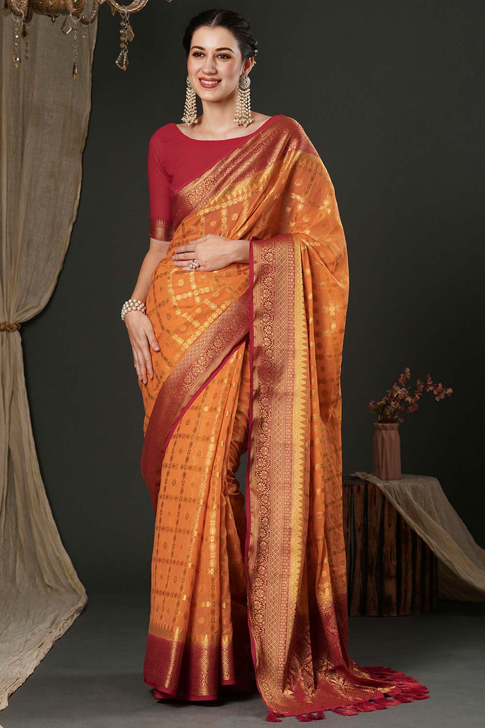 Alekha Orange & Red Georgette Printed One Minute Saree