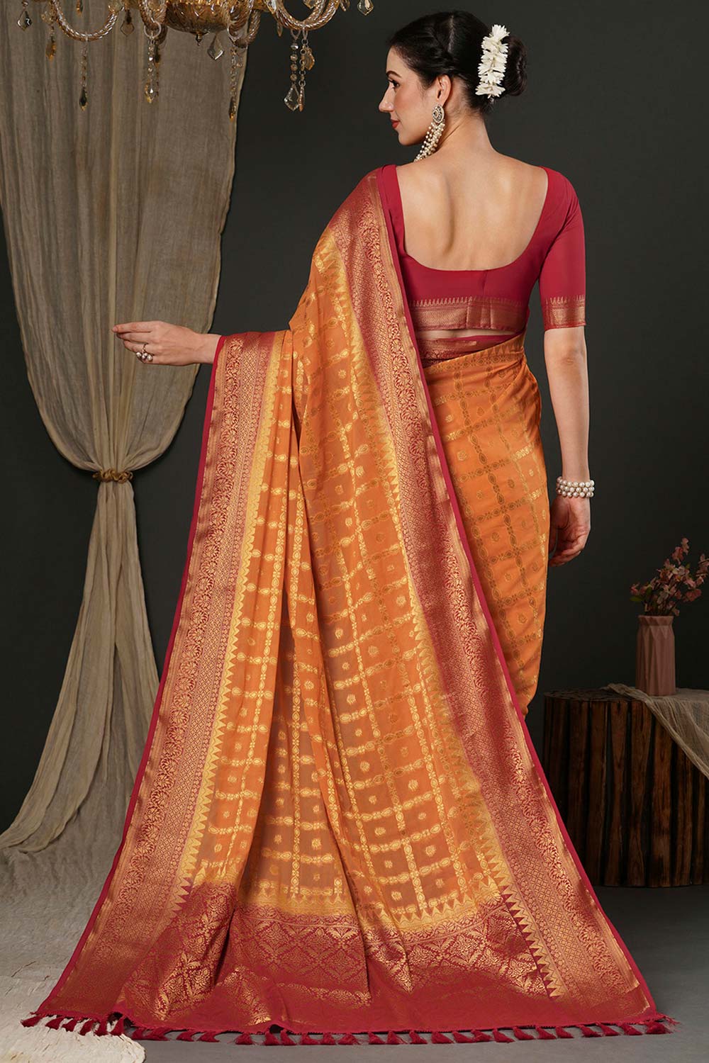 Alekha Orange & Red Georgette Printed One Minute Saree