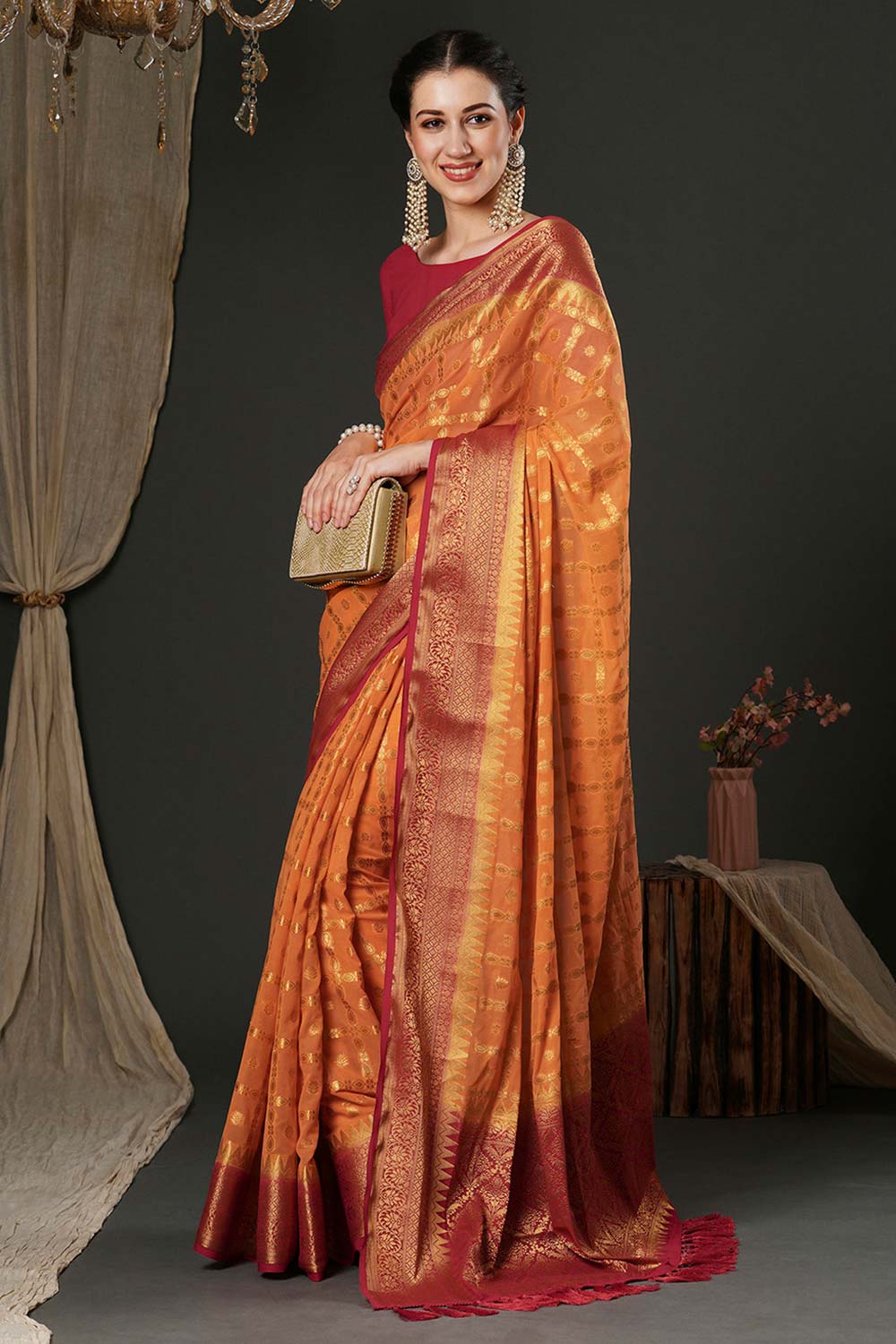 Alekha Orange & Red Georgette Printed One Minute Saree