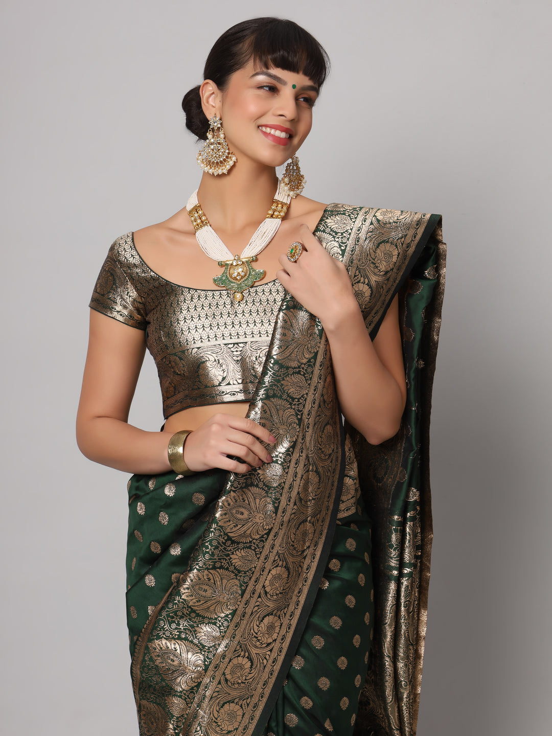 Riya Forest Green & Gold Full Embroidered Banarasi One Minute Saree
