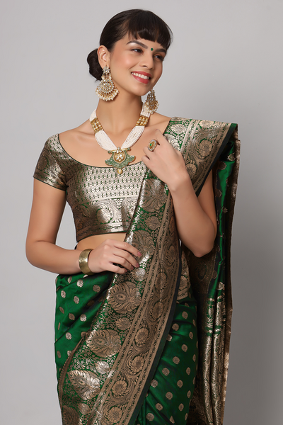 Forest Green & Gold Full Embroidered Banarasi One Minute Saree