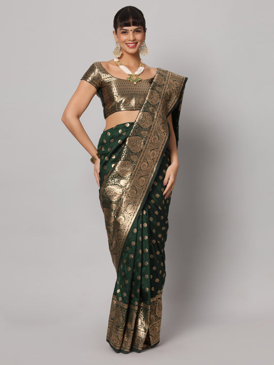 Riya Forest Green & Gold Full Embroidered Banarasi One Minute Saree