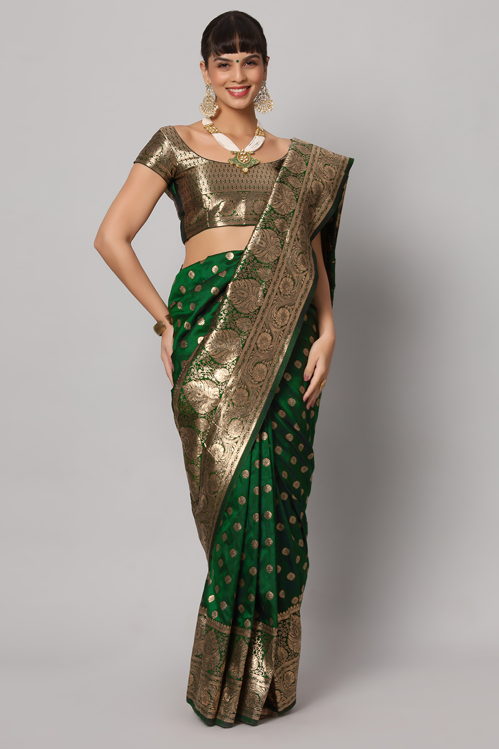 Forest Green & Gold Full Embroidered Banarasi One Minute Saree
