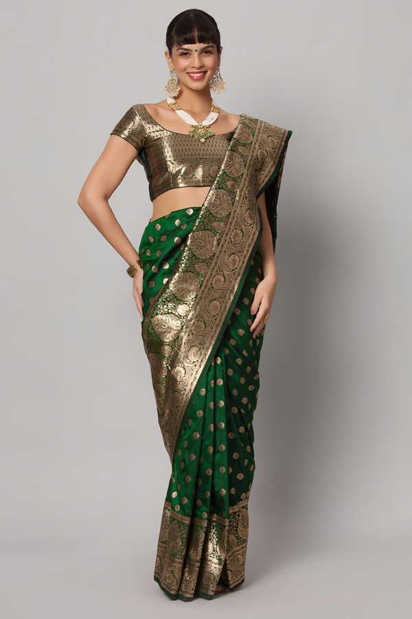 Forest Green & Gold Full Embroidered Banarasi One Minute Saree