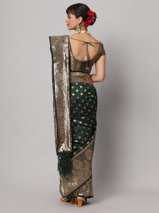 Riya Forest Green & Gold Full Embroidered Banarasi One Minute Saree
