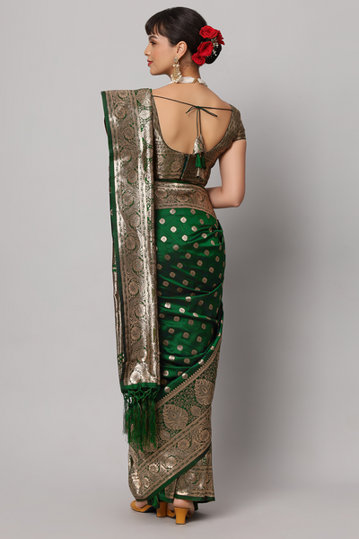 Forest Green & Gold Full Embroidered Banarasi One Minute Saree