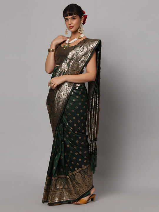 Riya Forest Green & Gold Full Embroidered Banarasi One Minute Saree