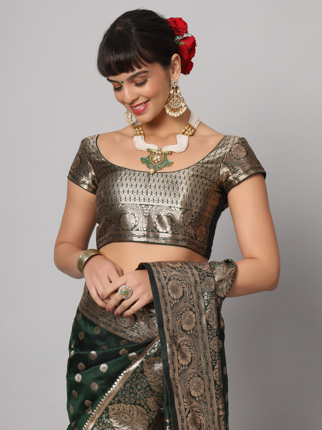 Riya Forest Green & Gold Full Embroidered Banarasi One Minute Saree